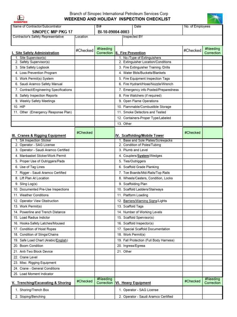 Weekend and Holiday Inspection Checklist | PDF | Scaffolding | Crane ...