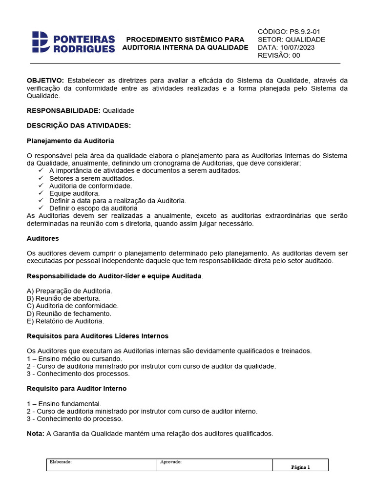 Procedimento de Auditoria Interna da Qualidade | PDF | Auditoria interna