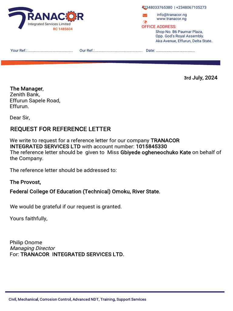 Request for Zenith Bank Reference Letter | PDF