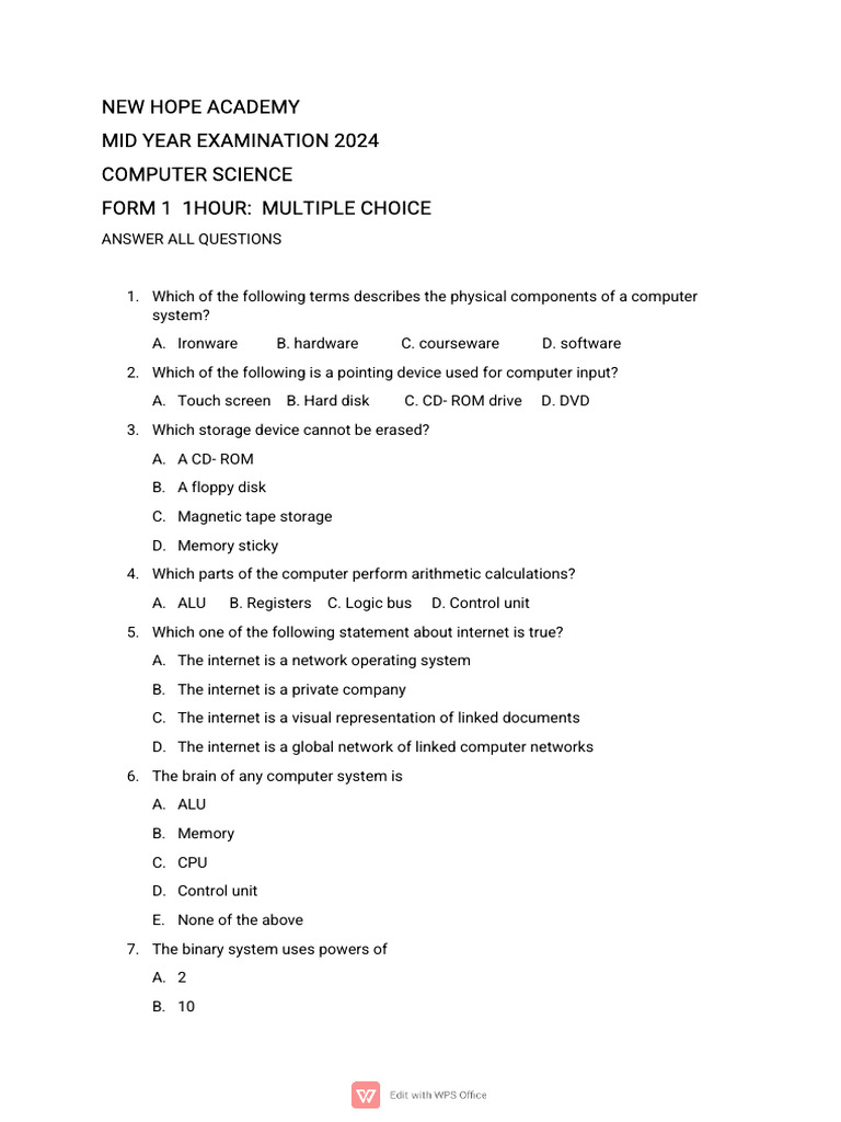 Form 1 Computer Science Exam | PDF
