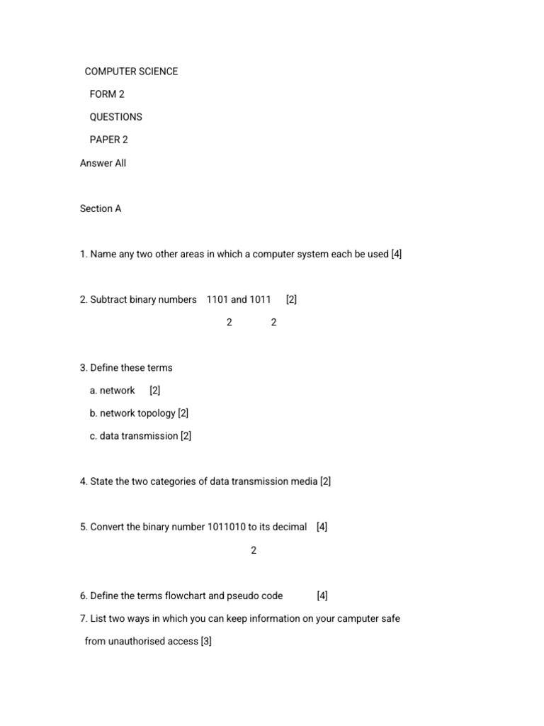 Computer Science Form 2 Exam Questions | PDF
