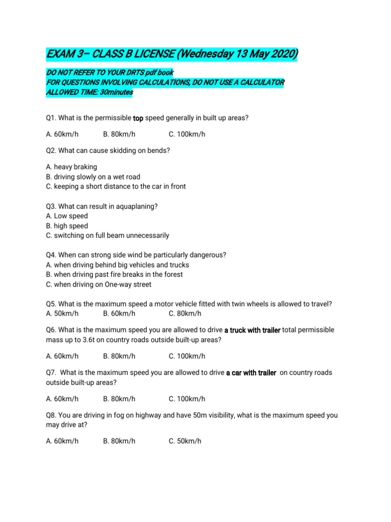 Class B License Exam Questions and Answers | PDF | Traffic | Speed