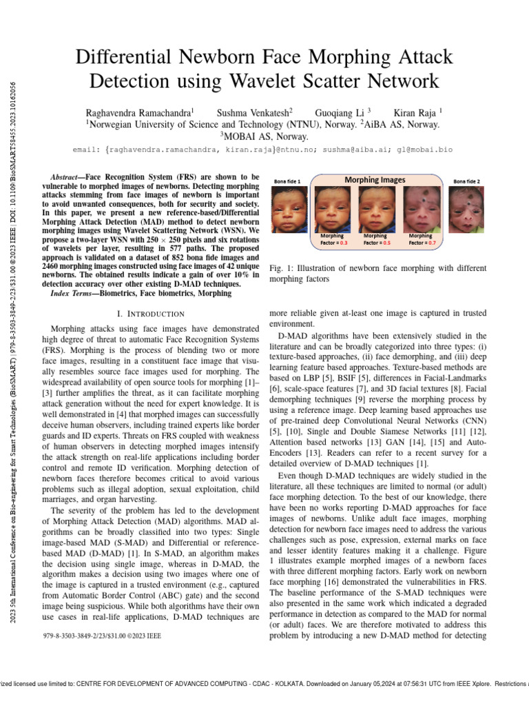 Differential Newborn Face Morphing Attack Detection Using Wavelet ...