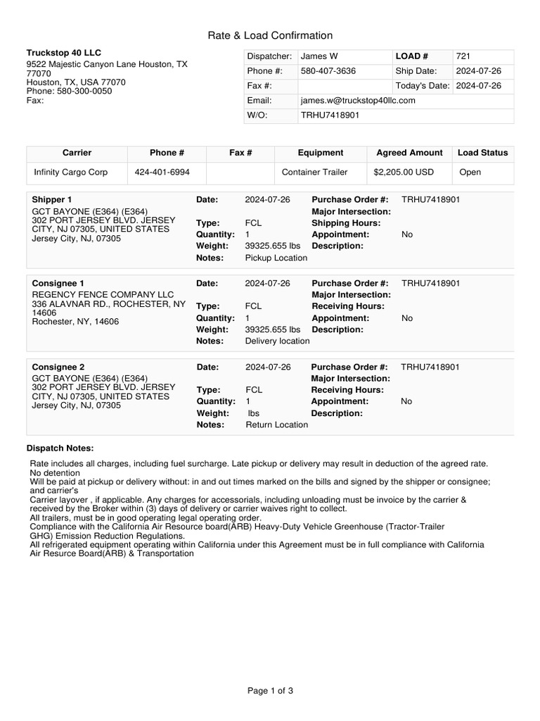 Load Confirmation for Truckstop 40 LLC | PDF | Cargo | Transport