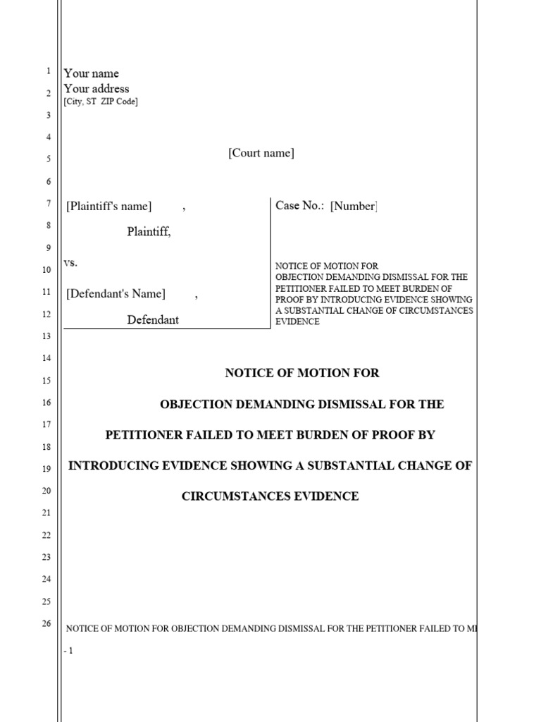 Objection Demand Dismissal of Modification of Support For Lack of ...