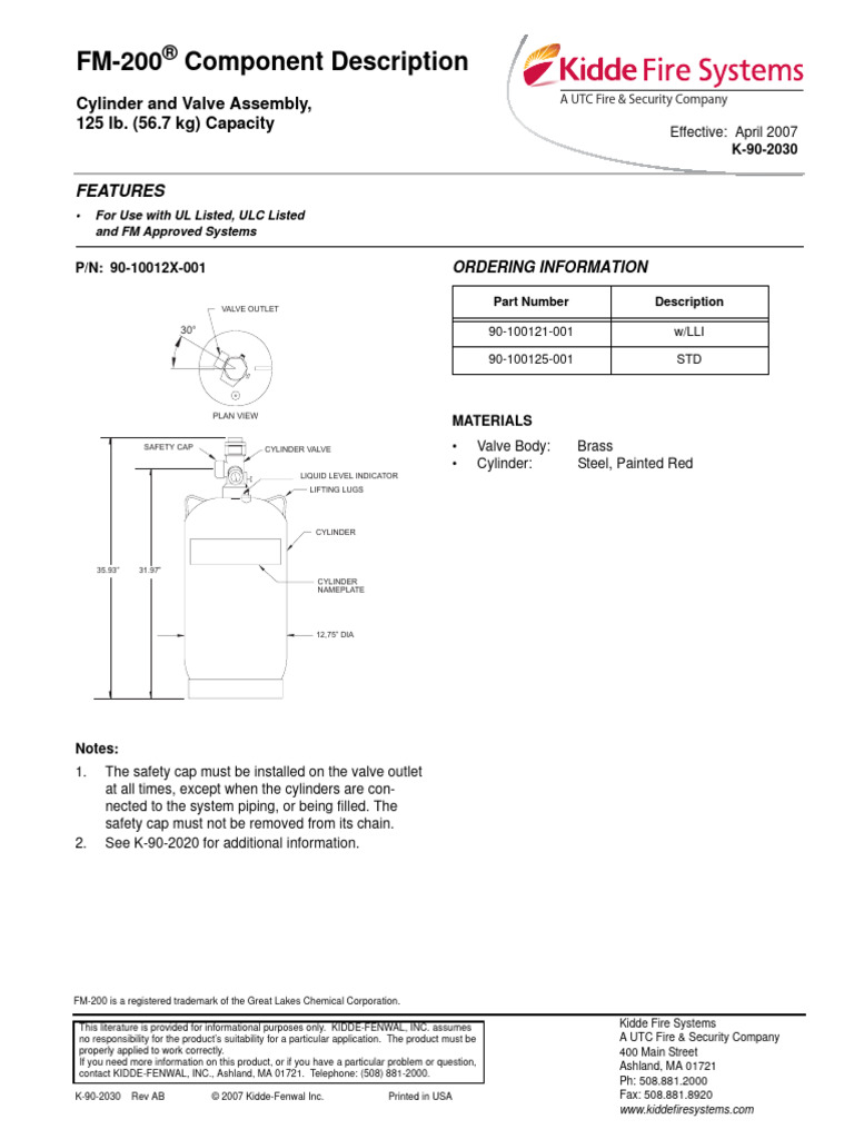 FM-200 Cylinder Specifications and Details | PDF | Valve | Manufactured ...