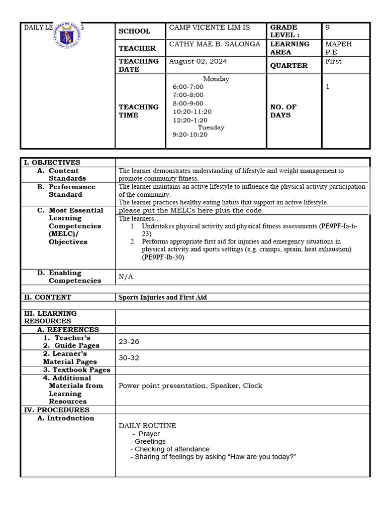 Week 1 physical education day 5 dll pdf learning first aid