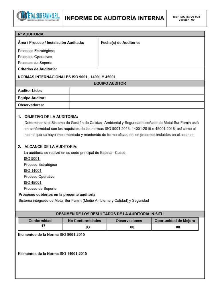 Auditoría Interna ISO 9001, 14001, 45001 | PDF | Auditoría | Sistema de ...