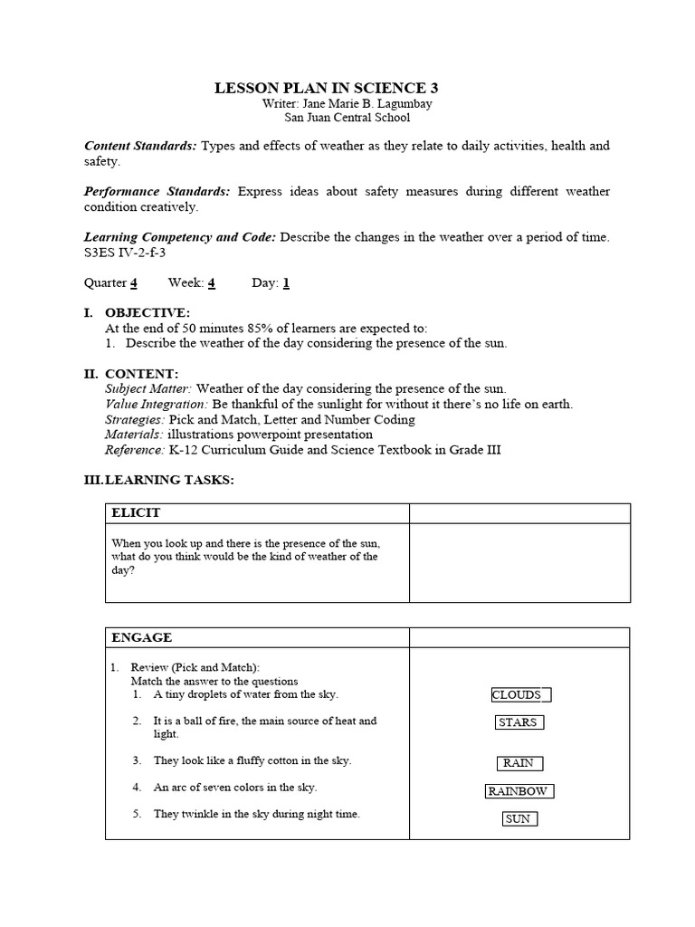 Weather Lesson Plan for Grade 3 | PDF | Sky | Weather