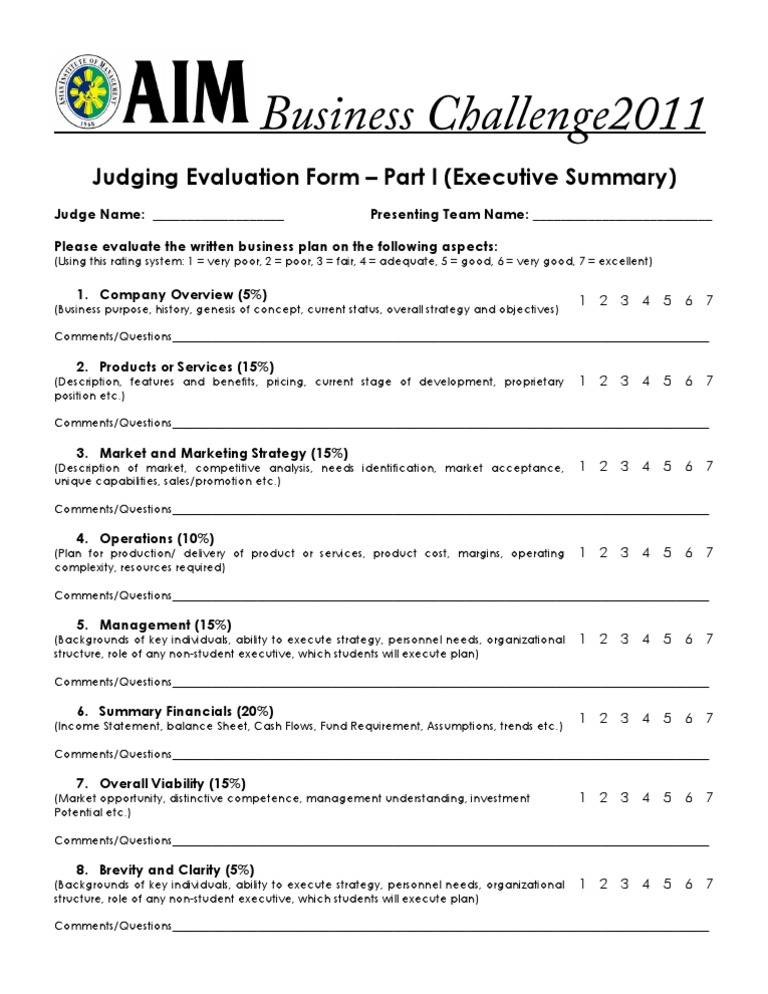 AIM Business Challenge2011 - Judging Evaluation Form | PDF