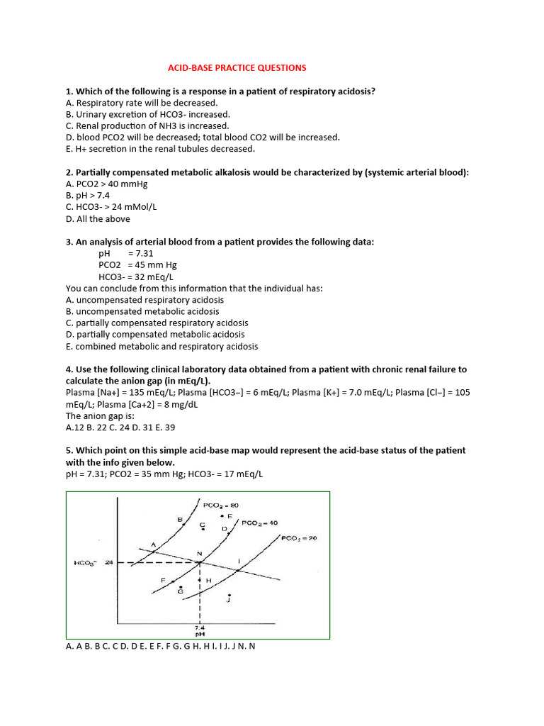 Acid-Base Practice Questions 1 | PDF | Intensive Care Medicine | Physiology
