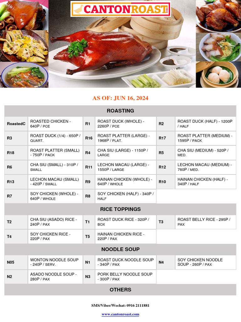 Cantonroast PriceList 16062024 | PDF | Cooking | Foods