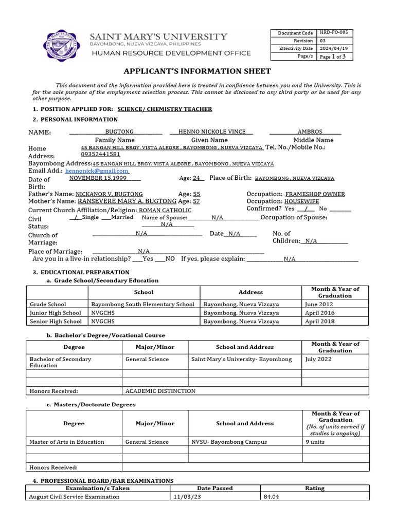 Applicant Information for Teacher Position | PDF | Academic Degree