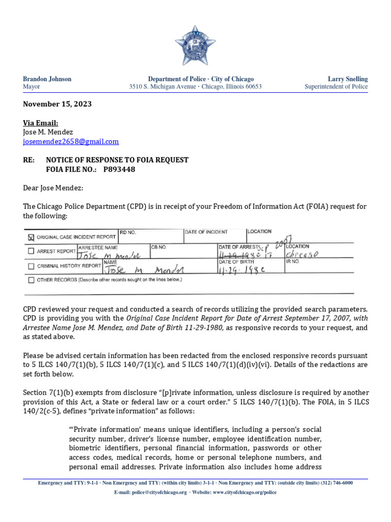 Chicago FOIA Response for Jose Mendez | PDF | Freedom Of Information ...
