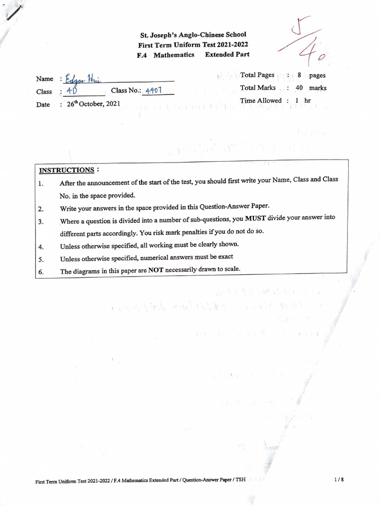 F4 Mathematics Extended Part Uniform Test | PDF | Mathematics ...