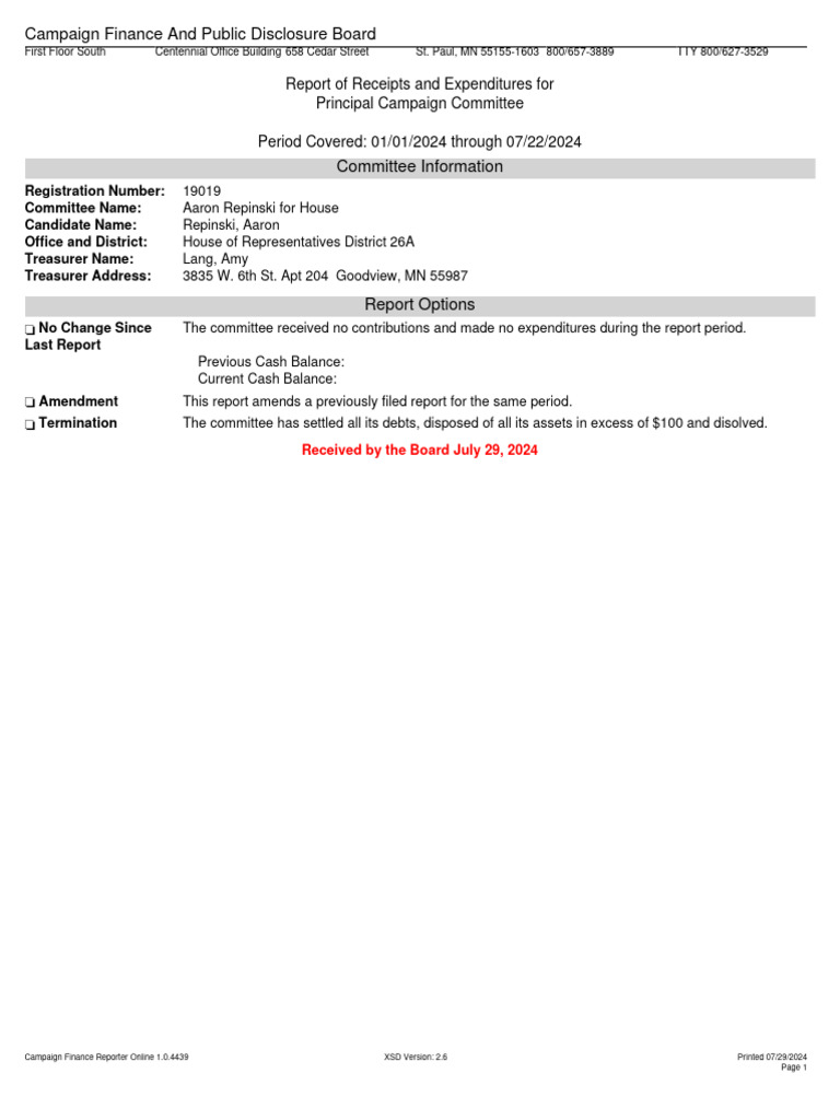 Aaron Repinski Pre Primary Campaign Finance Report | PDF | Advertising ...