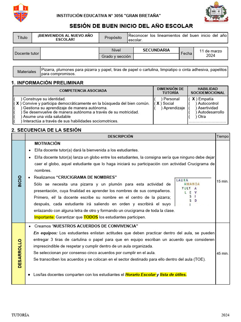 Sesión Del Buen Inicio Del Año Escolar 2024 Ie.5177-1 | PDF | Salón de ...