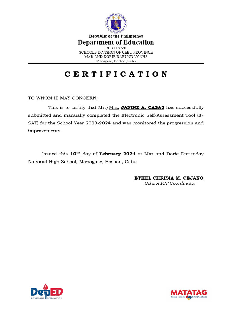 Certification of E-SAT Completion | PDF