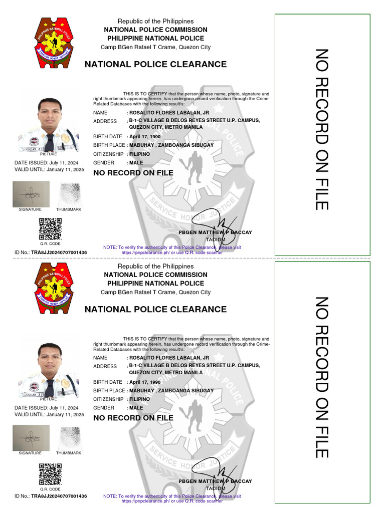 National Police Clearance: No Record On File | PDF | Computer Access ...