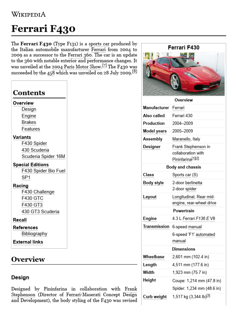 Ferrari F430 Overview and Specs | PDF | Vehicles | Land Vehicles