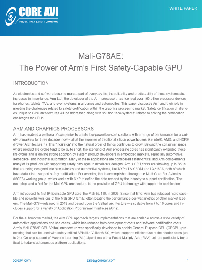 CoreAVI White Paper Mali - G78AE The Power of Arms First Safety Capable ...