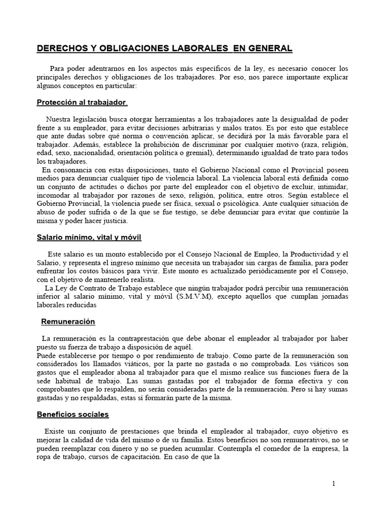 Derechos y Obligaciones Laborales Esenciales | PDF | Salario | Derecho ...