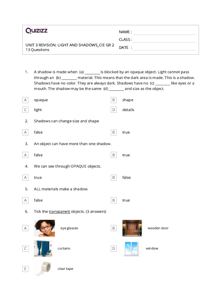 Grade 2 Light & Shadows Quiz | PDF | Shadow | Sunglasses