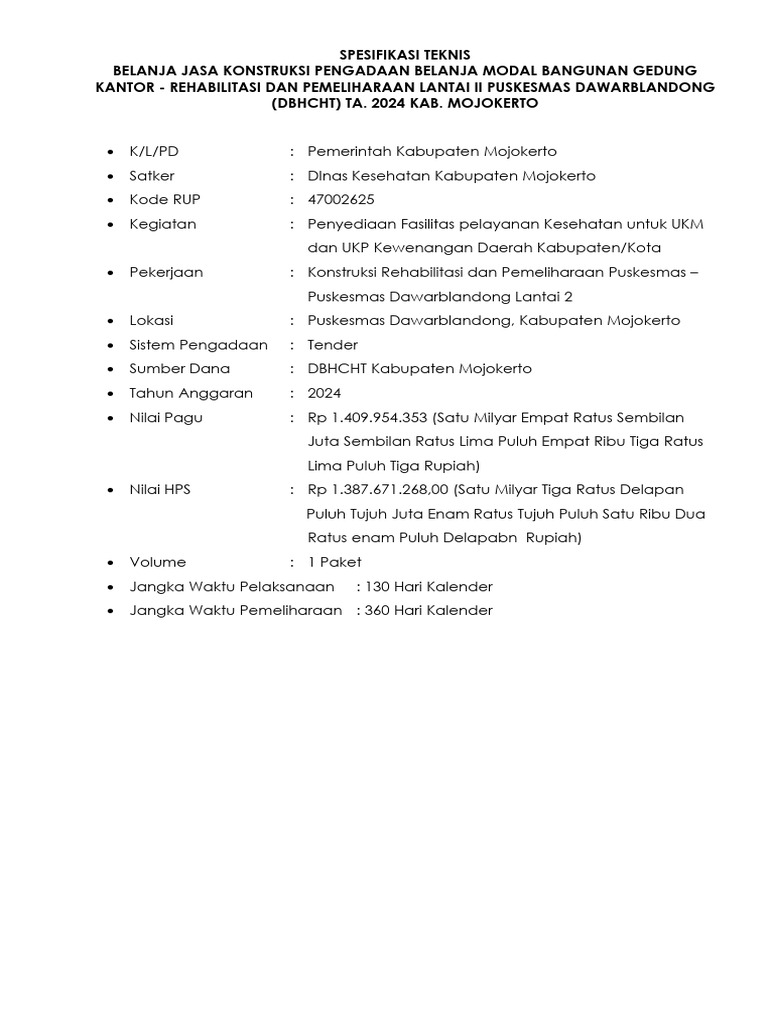 Spesifikasi Teknis PKM Dawar Rev New | PDF