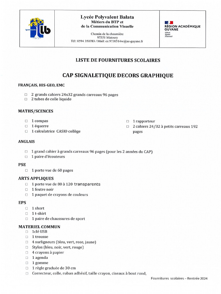 Cap SDG - Liste de Fournitures Rentree 2024 | PDF