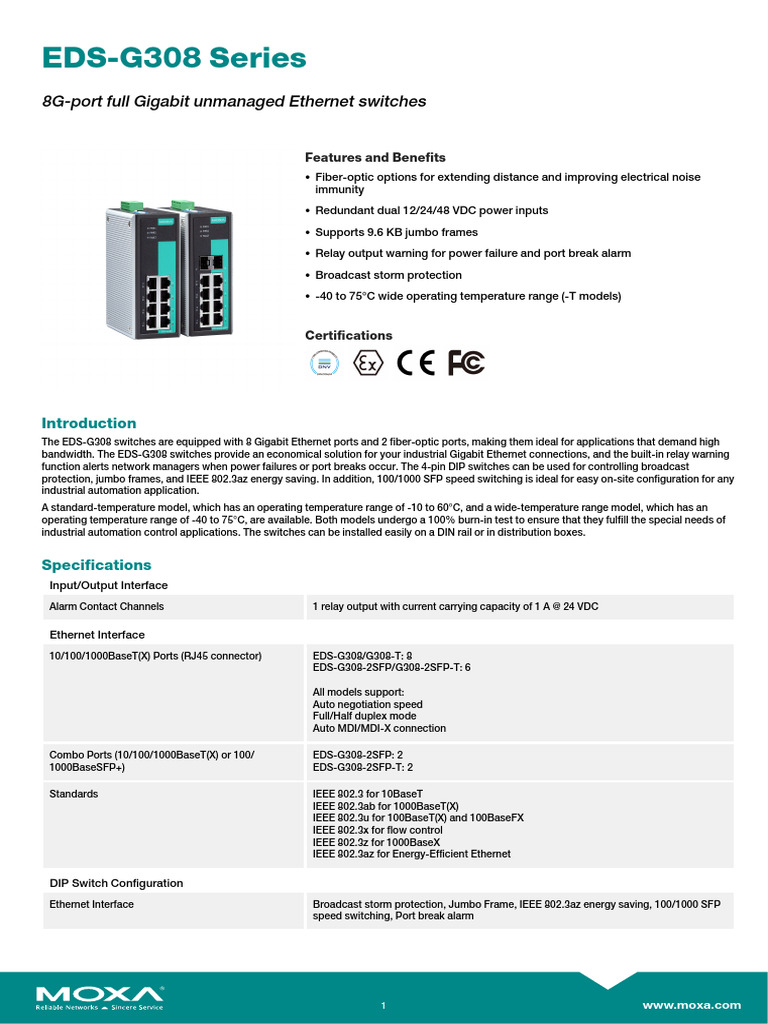 Moxa EDS-G308 Gigabit Ethernet Switches | PDF | Ethernet | Network Switch
