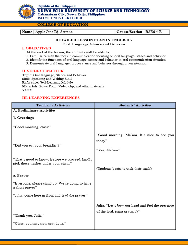 Quarter 3 - Module 2 - Detailed Lesson Plan | PDF | Communication | Gesture