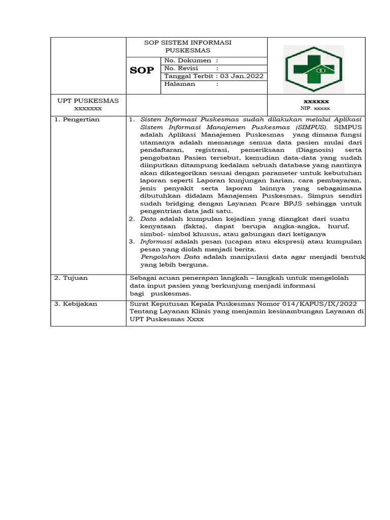 SOP Pengelolaan Data Puskesmas SIMPUS | PDF | Pengelolaan Keuangan ...