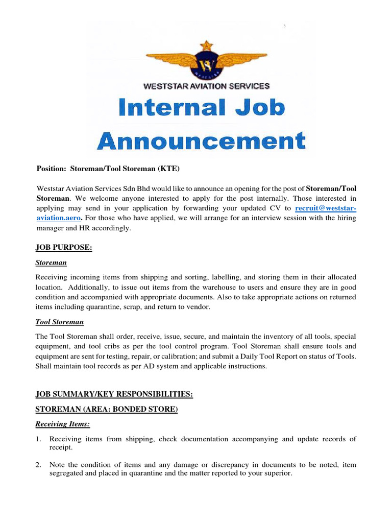 Storeman/Tool Storeman Job Overview | PDF | Inventory | Warehouse