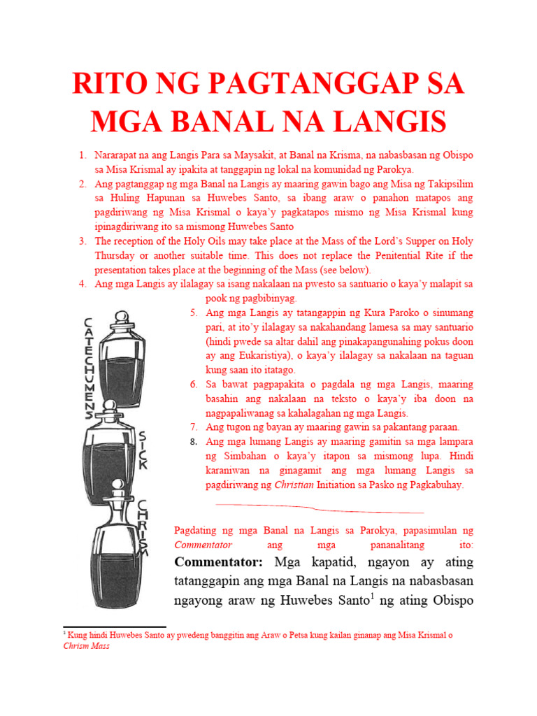 Rito NG Pagtanggap Sa Mga Banal Na Langis | PDF