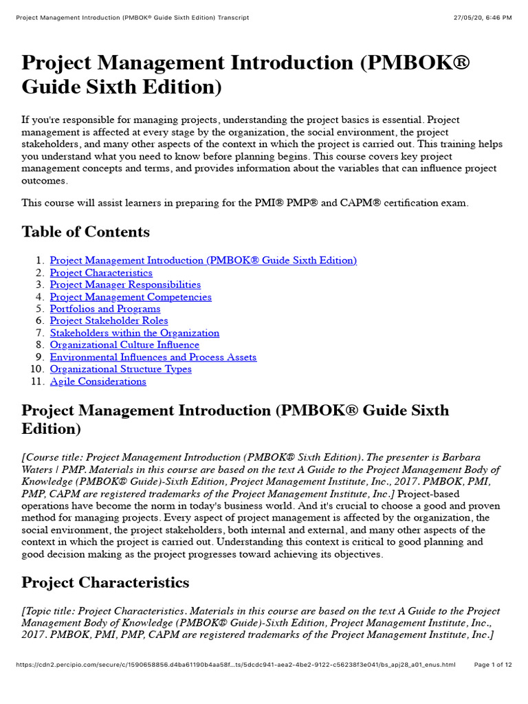 Project management introduction pmbok guide sixth edition transcript