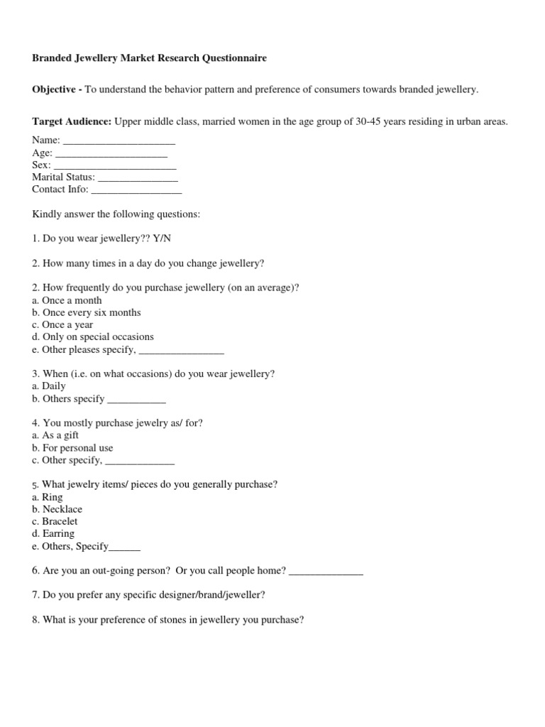 Branded Jewellery Market Research Questionnaire Jewellery Retail