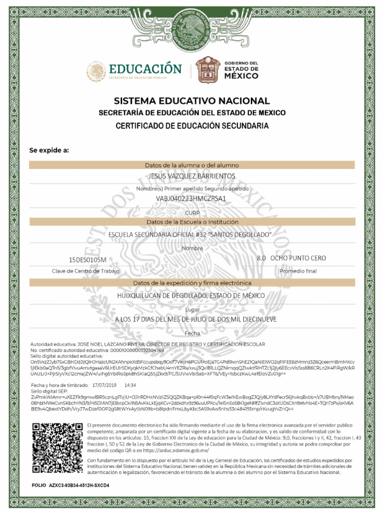 Certificado de Secundaria | PDF