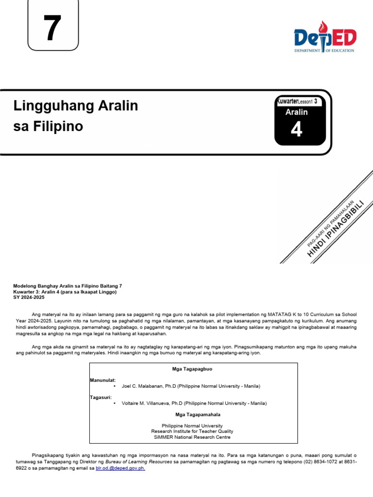 LE Q3 Filipino-7 Lesson-4 Week-4 | PDF