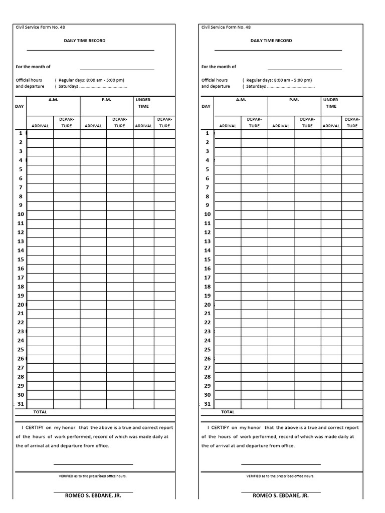Daily Time Record Printable Free