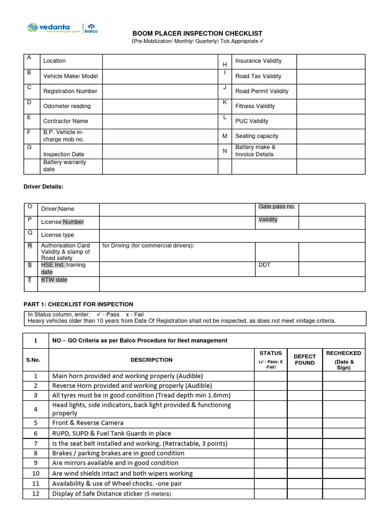 Boom Placer Inspection Checklist Guide | PDF | Truck | Leak