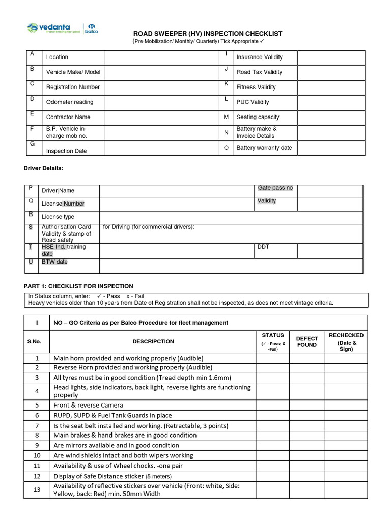 Road Sweeper Inspection Checklist | PDF | Leak | Vehicles