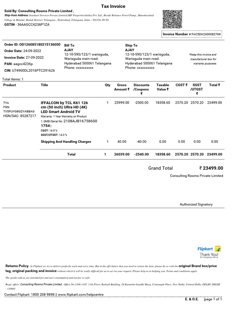 Invoice for iFFALCON 50
