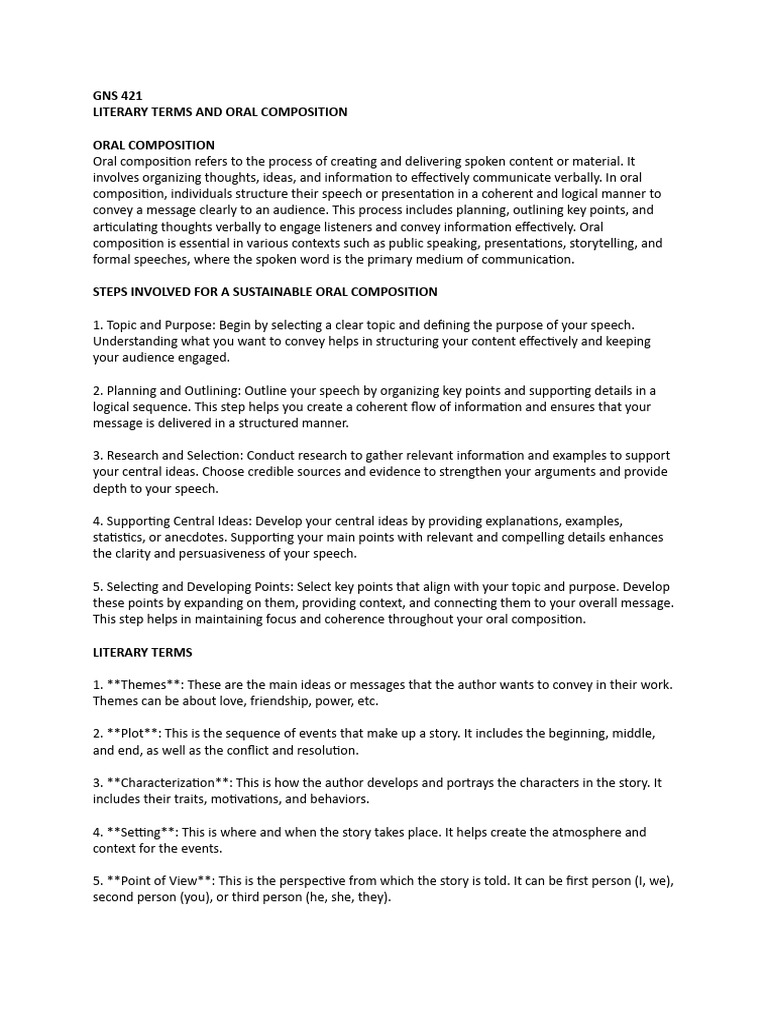 Literary Terms and Oral Composition Guide | PDF | Poetry | Play (Theatre)