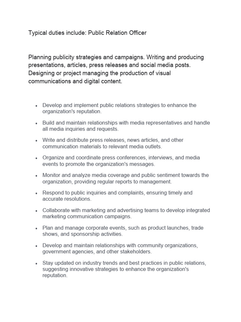 Public Relations Officer Duties Overview | PDF