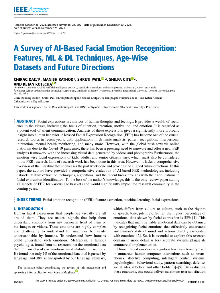A Survey of AI-Based Facial Emotion Recognition Features, ML | PDF ...