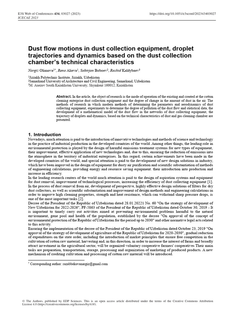Dust Collection Dynamics in Cotton Processing | PDF | Drag (Physics ...