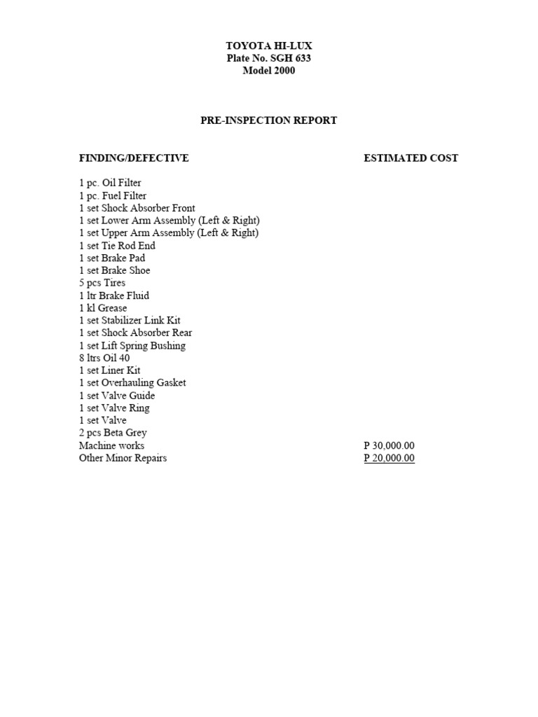 Toyota Hi-Lux Pre-Inspection Report | PDF | Vehicle Technology | Motor ...