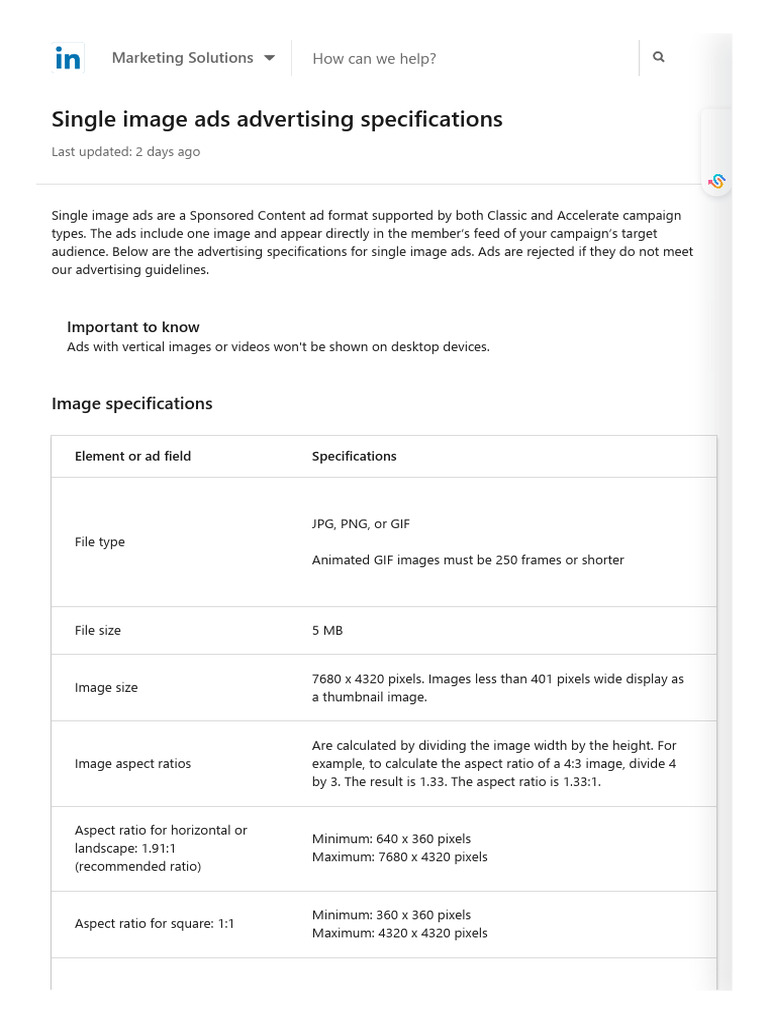 Single image ads advertising specifications marketing solutions help