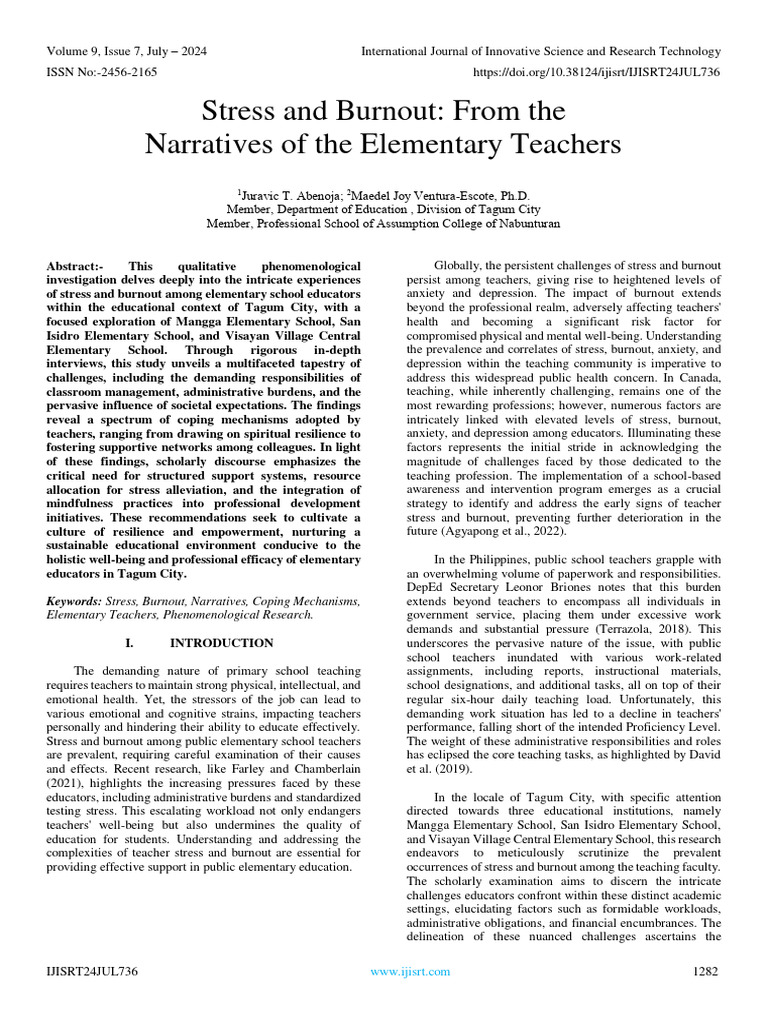 Stress and Burnout in Elementary Teachers | PDF | Psychological ...