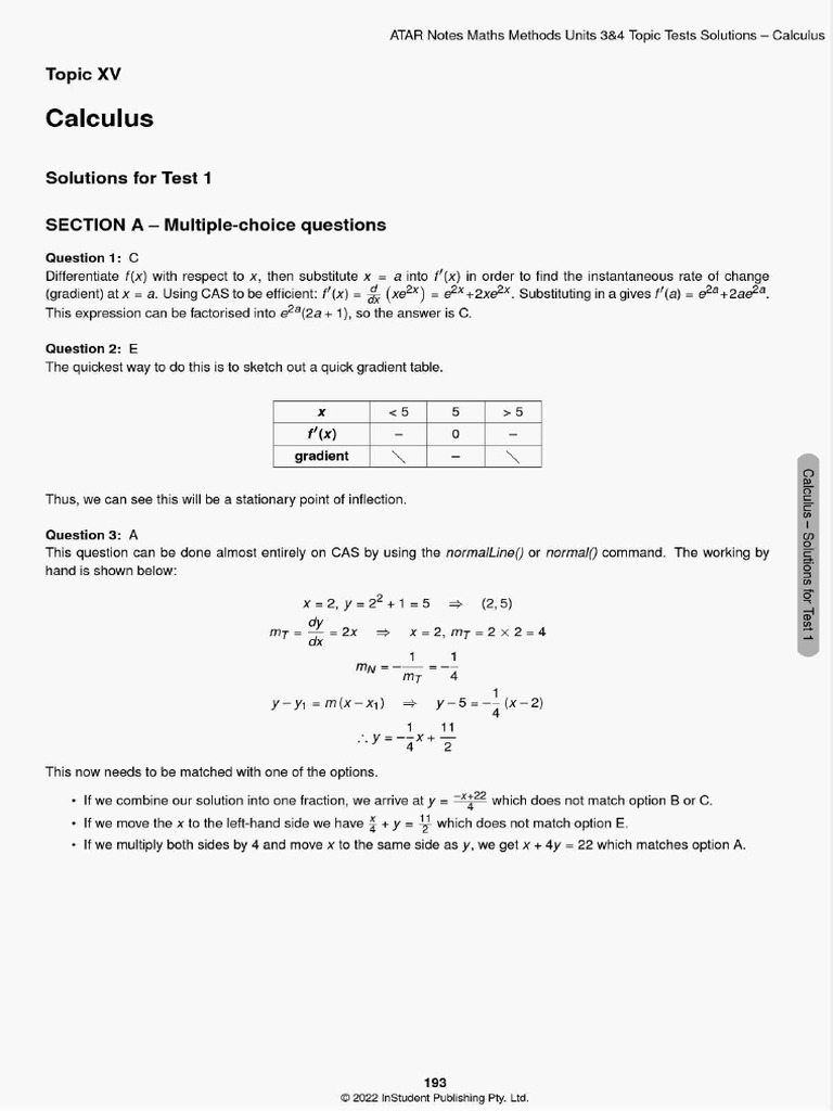 ATAR Notes Test 1&2 Calculus Solutions | PDF